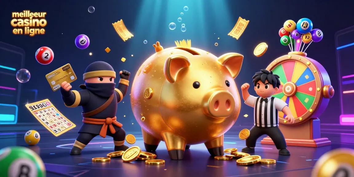 Illustration dynamique représentant le meilleur casino en ligne avec un sumo doré et des éléments de loterie.