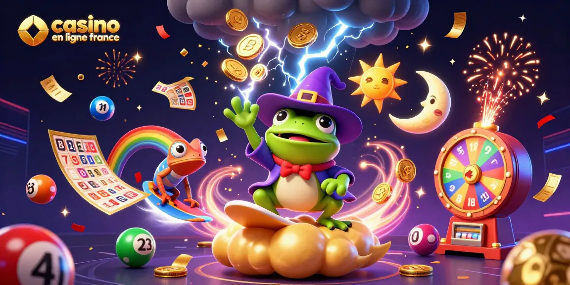 Illustration de casino en ligne France avec un criquet sorcier évoquant une tempête de pièces d’or et une célébration dynamique.
