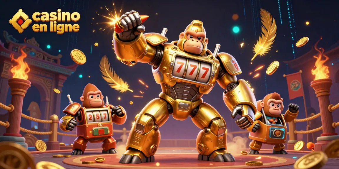 Casino en ligne : Illustrations dynamiques avec un gorille mech doré et des éléments de jeu captivants.