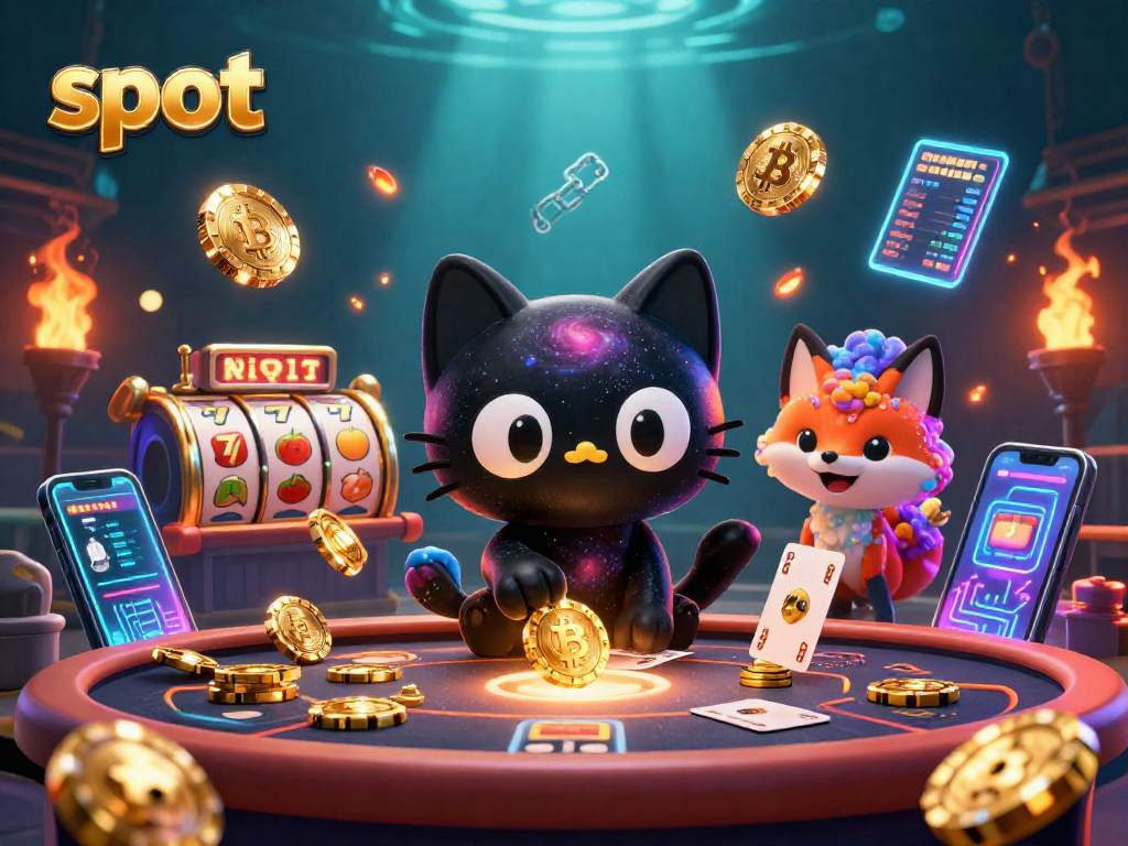 Menggambar slot yang menampilkan kucing lubang hitam kartun 3D di meja kasino, dengan simbol buah berkilau.