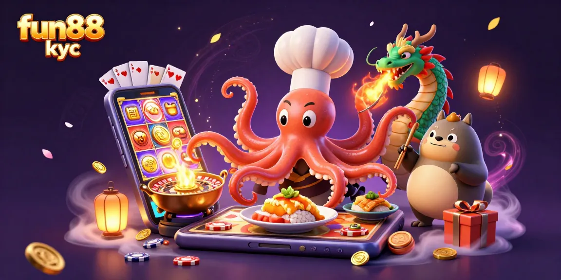 Cá cược Fun88 KYC với hình ảnh sống động bao gồm đầu bếp bạch tuộc đang chế biến món ăn vàng, rồng xanh, và gói quà hảo hạng.