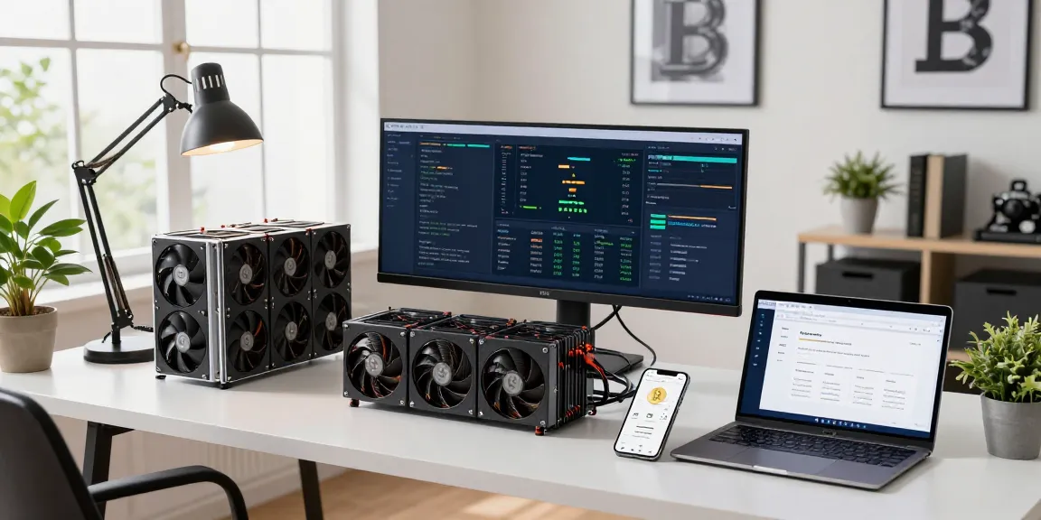 bitcoin mining company setup with cryptocurrency mining rig, digital wallet, and data analysis screens.