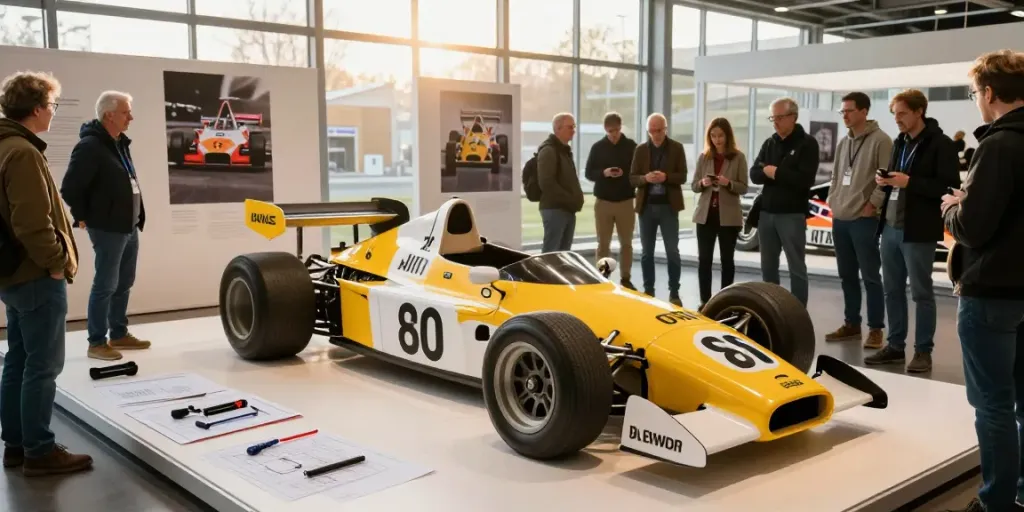 Mobil balap Lotus 88 dipamerkan di pameran otomotif, dengan pengunjung antusias yang mengagumi desain inovatifnya.