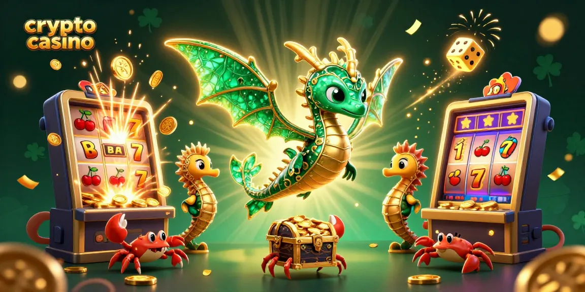 Jouez au crypto casino avec une illustration de dragon de mer élégant entouré de machines à sous et de pièces d'or.