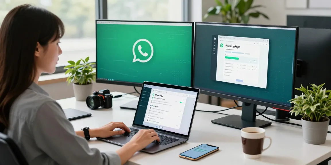 Woman efficiently using WhatsApp網頁版 in a modern office, dual monitors displaying messaging interface, productive atmosphere.