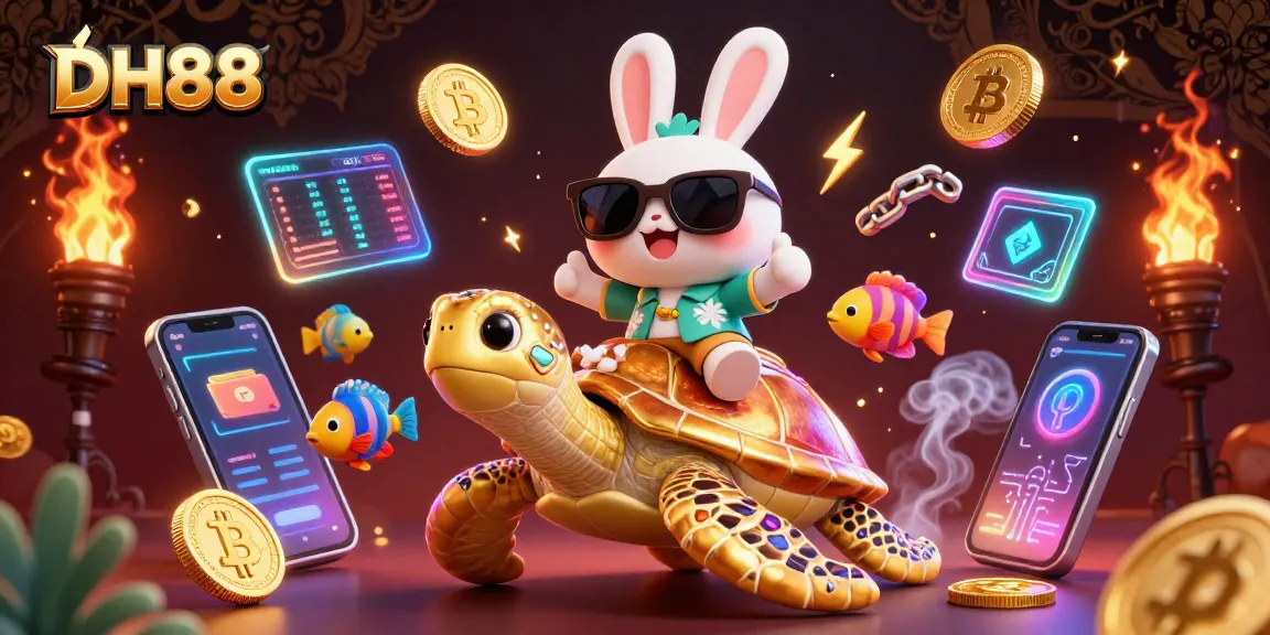Boost your win with the DH88 Casino's vibrant gaming scene, featuring lucky symbols and crypto elements.