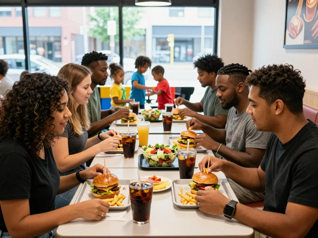 Friends enjoying fast food prices at a vibrant restaurant, showcasing meals and social atmosphere.