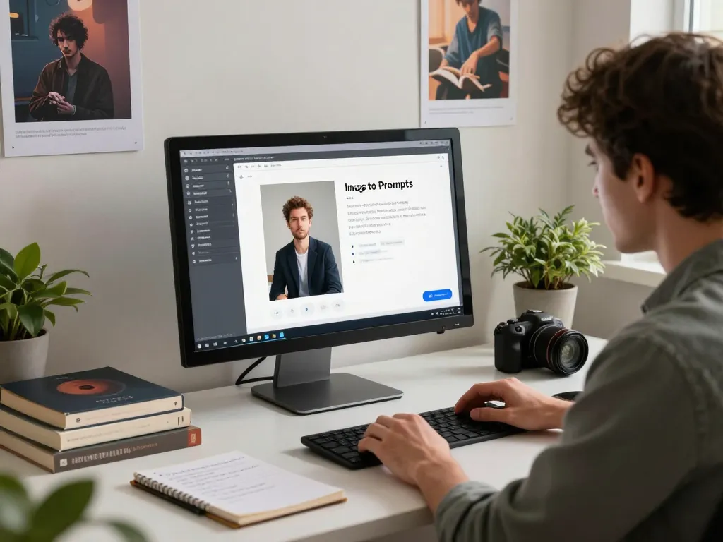 Individual using image to prompt ai tool in a modern workspace environment.