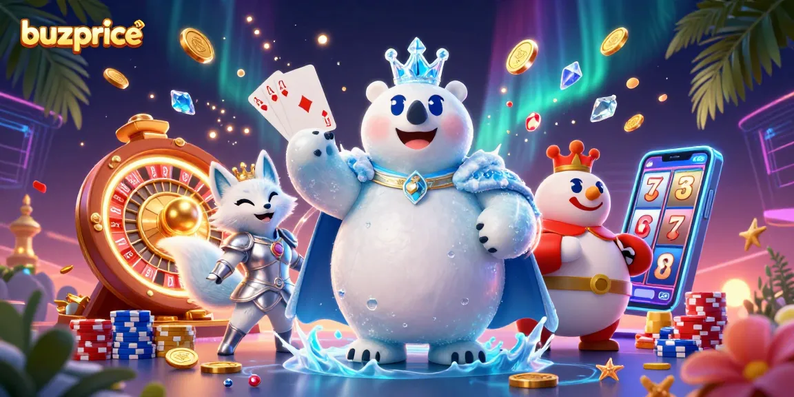 Buzprice showcases an immersive 3D casino scene featuring a polar bear king and a snow fox amid swirling graphics, embodying thrilling jackpot excitement.