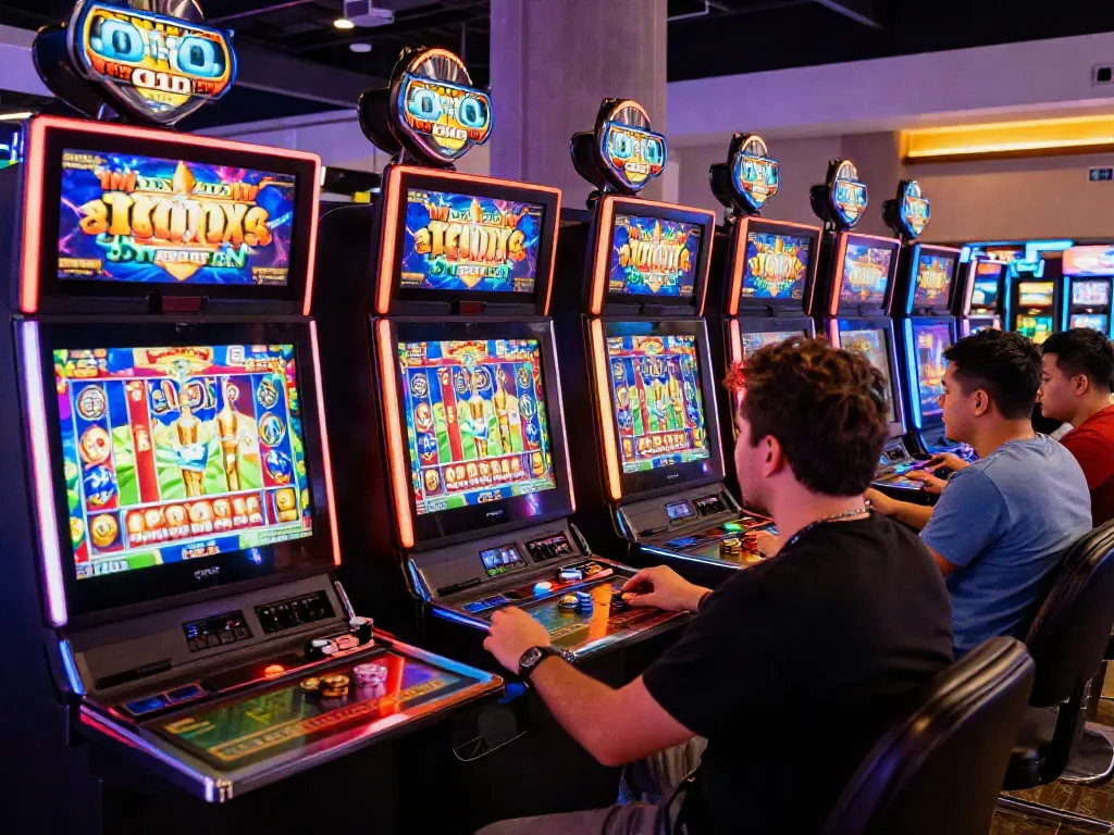 Excited players enjoying vibrant slot jackpot games in a modern casino setting.