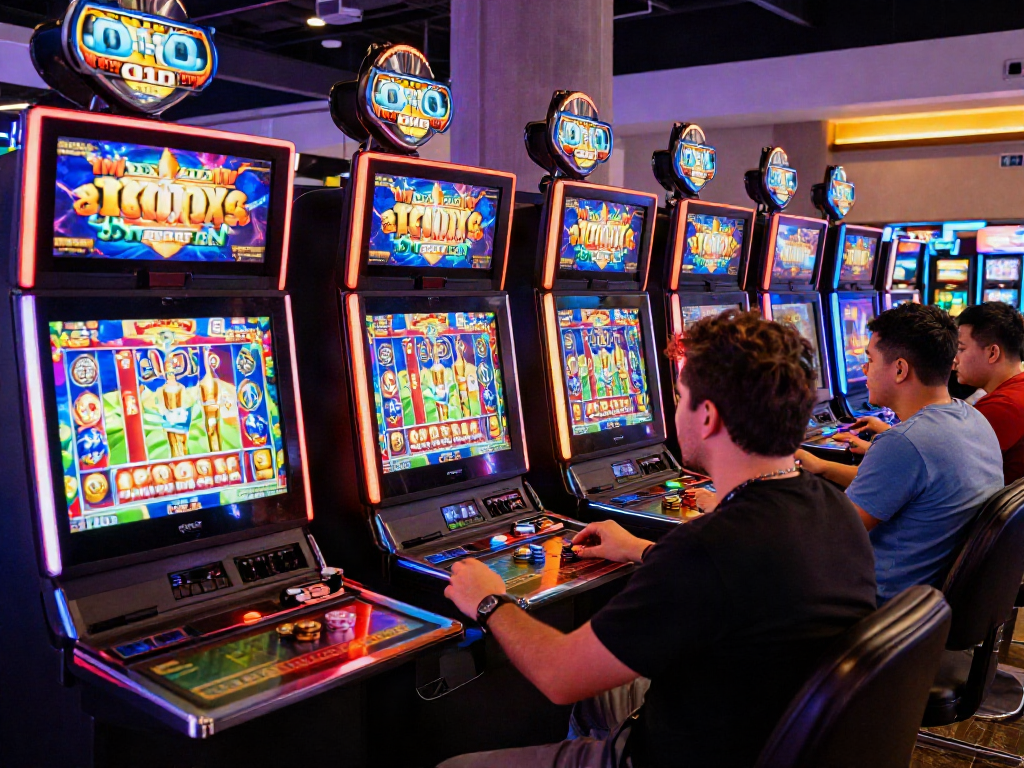 Excited players enjoying vibrant slot jackpot games in a modern casino setting.