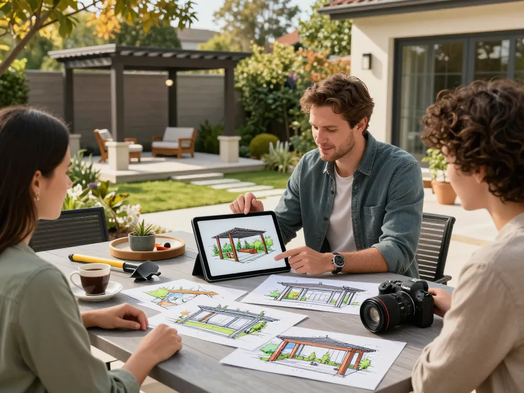 Engaging discussion on Pergola Configurator Software for modern outdoor design with a professional designer and clients.