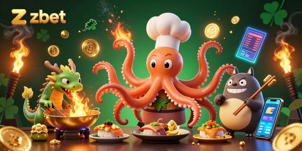 Join the action at zbet with a vibrant 3D illustration of a sushi chef octopus cooking in a digital casino.