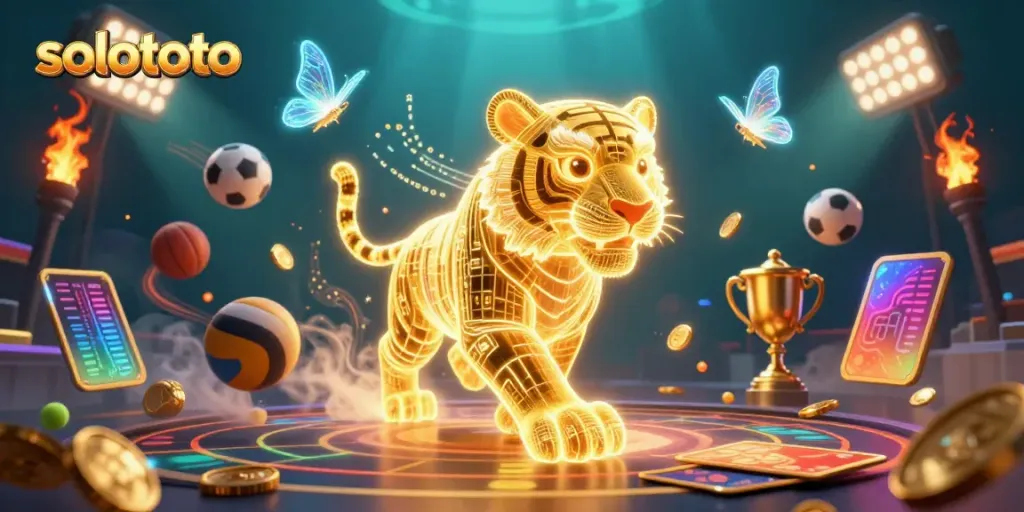 Gambarkan solototo yang melibatkan macan emas 3D berenergi dan teman kupu-kupu holografis dalam kasino digital.