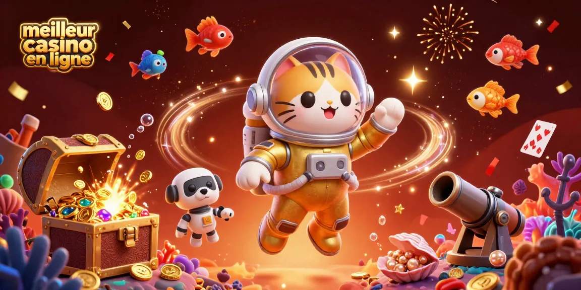 Illustration dynamique du meilleur casino en ligne avec des personnages spatiaux et des éléments de jeu colorés.
