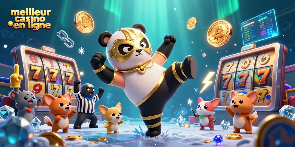 Profitez du meilleur casino en ligne avec ce panda lutteur et des jackpots étonnants dans une scène animée.