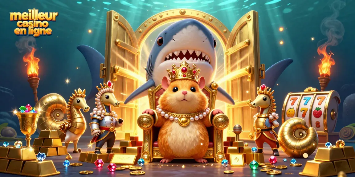 Illustration dynamique pour le meilleur casino en ligne, avec un roi hamster en or et des trésors scintillants.