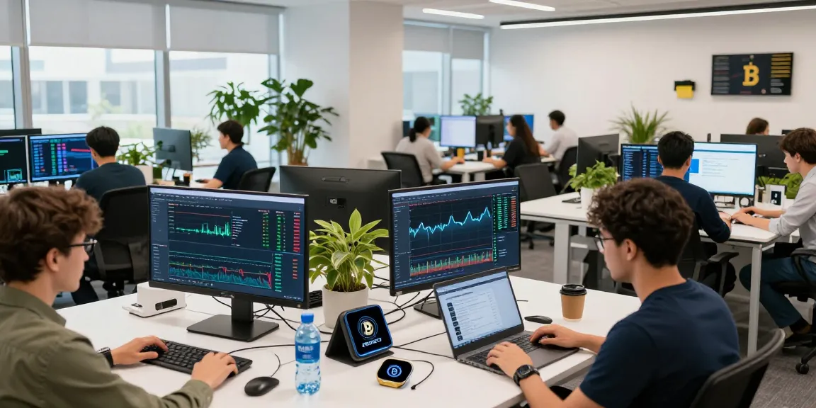 Cricbet trading scene with team collaboration in a cryptocurrency workspace showcasing digital wallets and blockchain insights.