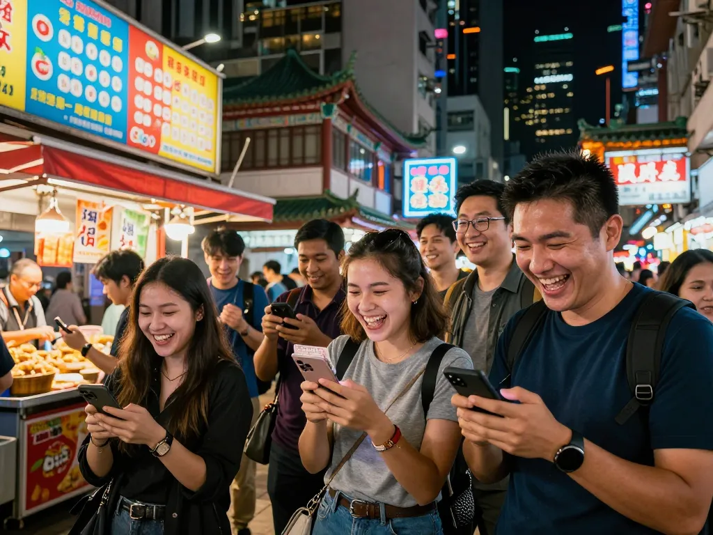 Excited friends celebrating and checking Hongkong Lotto tickets in vibrant urban nightlife.