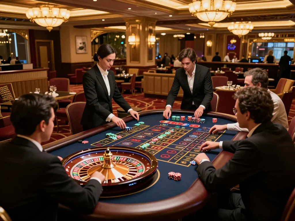 Fabet players joyfully betting at a roulette table in a luxurious casino environment.