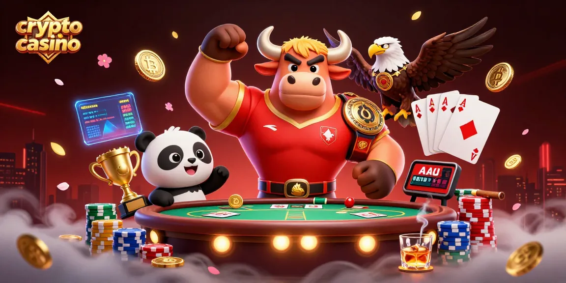 Image captivante d'un crypto casino réunissant un taureau en jersey victorieux, un aigle et une panda triomphante.