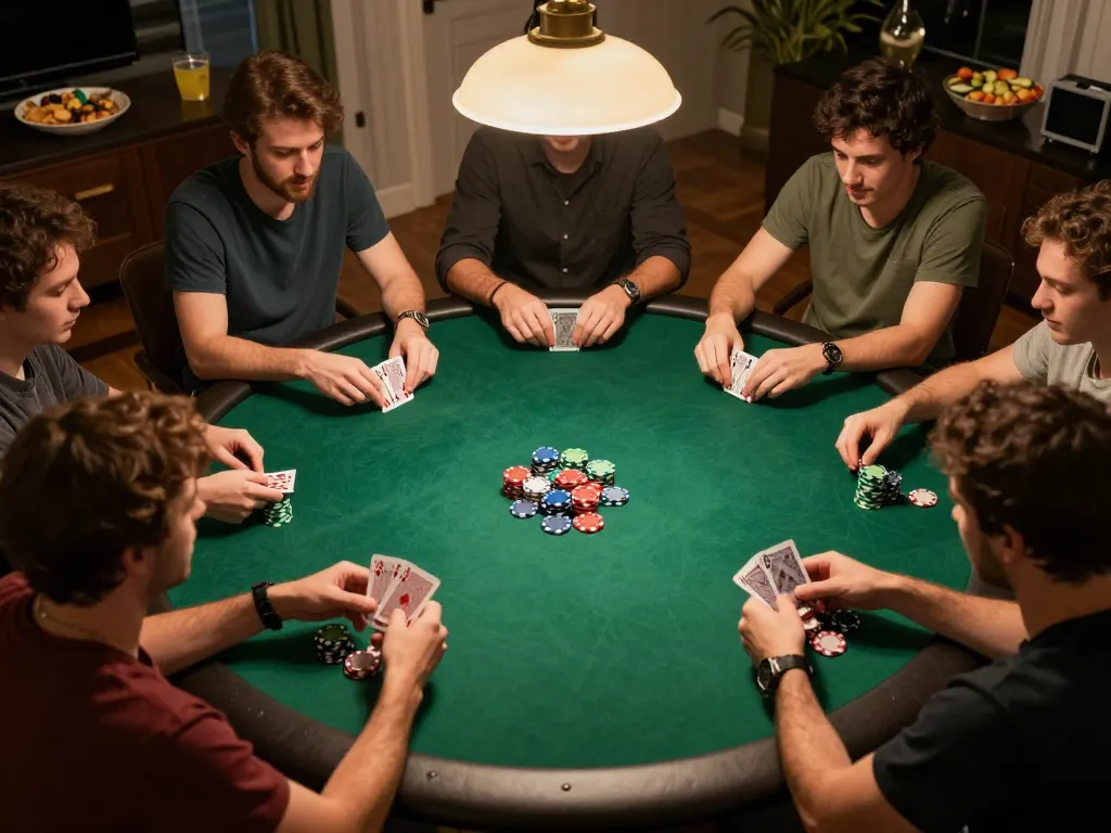 Friends enjoying a competitive poker night at home, showcasing ax88 gaming strategies.