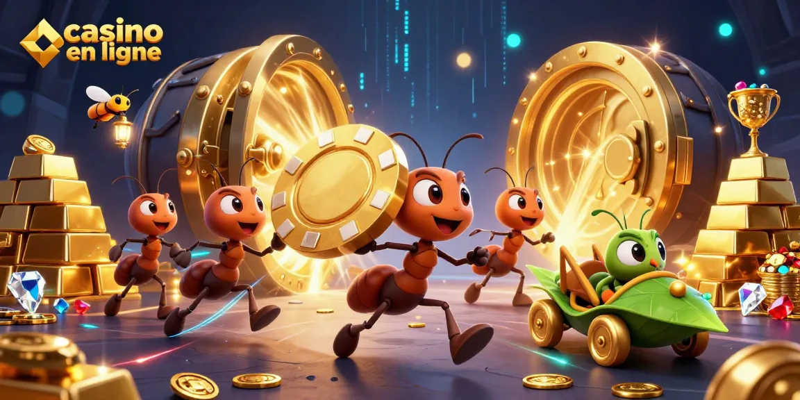 Illustration immersive de casino en ligne avec des fourmis transportant des jetons, trésors et lumières scintillantes.