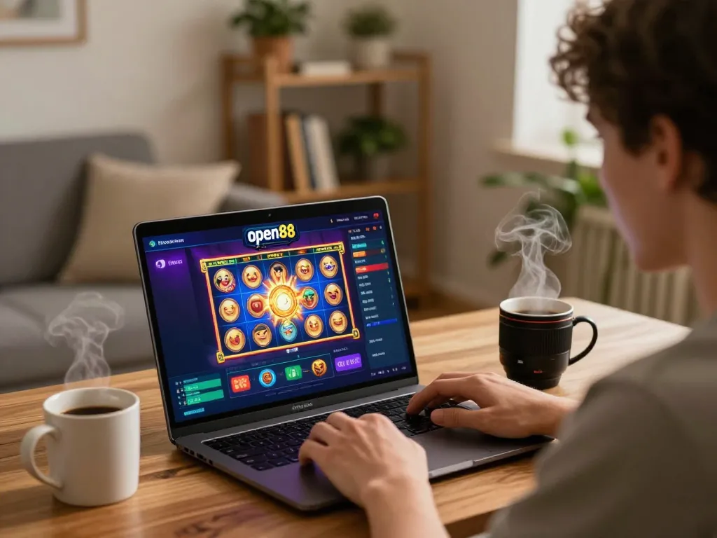 Engaged player using open88 for online gaming on a laptop in a cozy home setting.