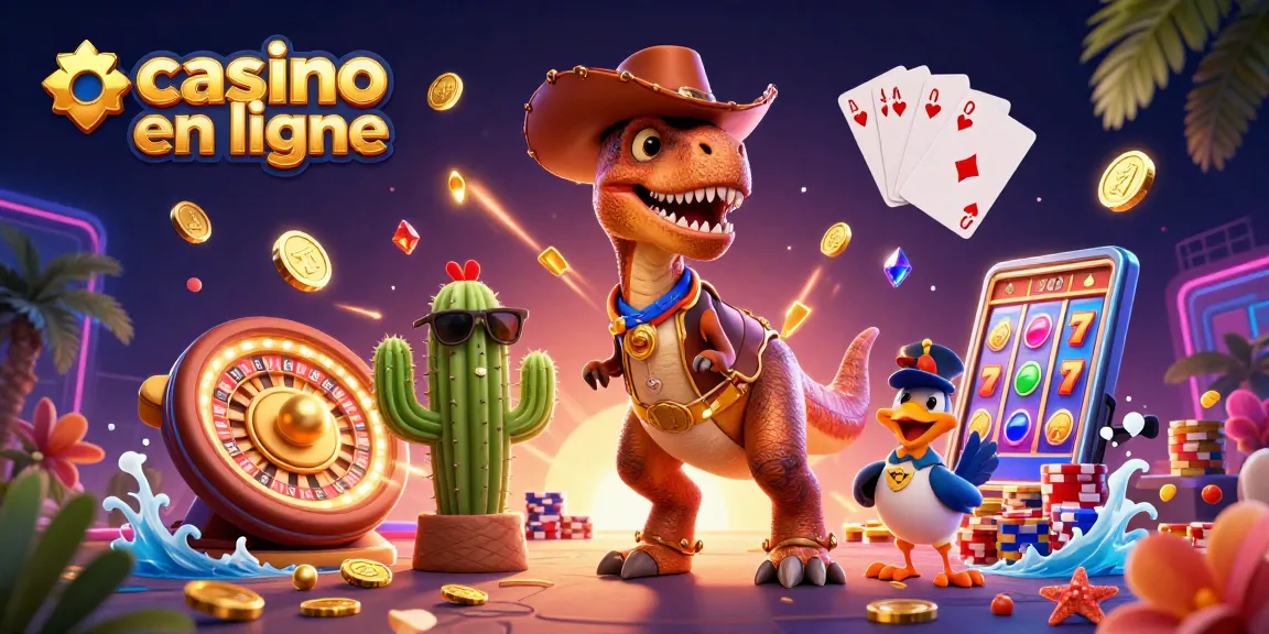 Gagnez au casino en ligne avec ce T-Rex, un cactus et un oiseau dans une scène dynamique de jeux d'argent.