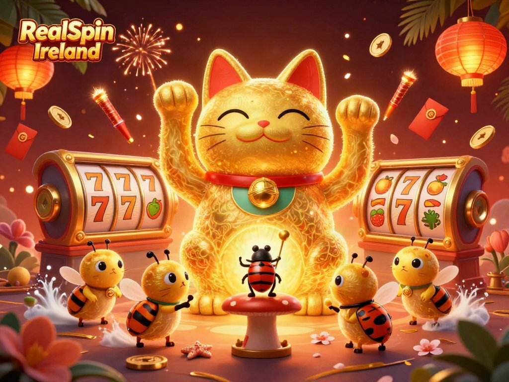 Experience excitement with RealSpin Ireland’s vibrant casino symbols in an engaging 3D illustration featuring a waving lucky cat.