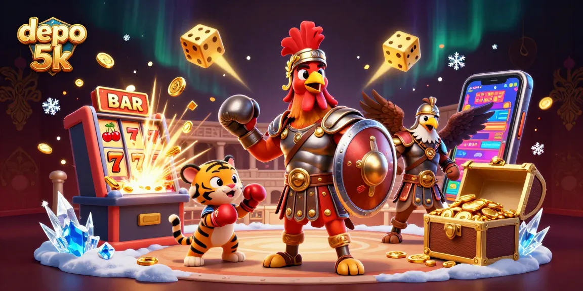 Spin the reels at depo 5k with a thrilling casino scene featuring exciting slot elements and characters.