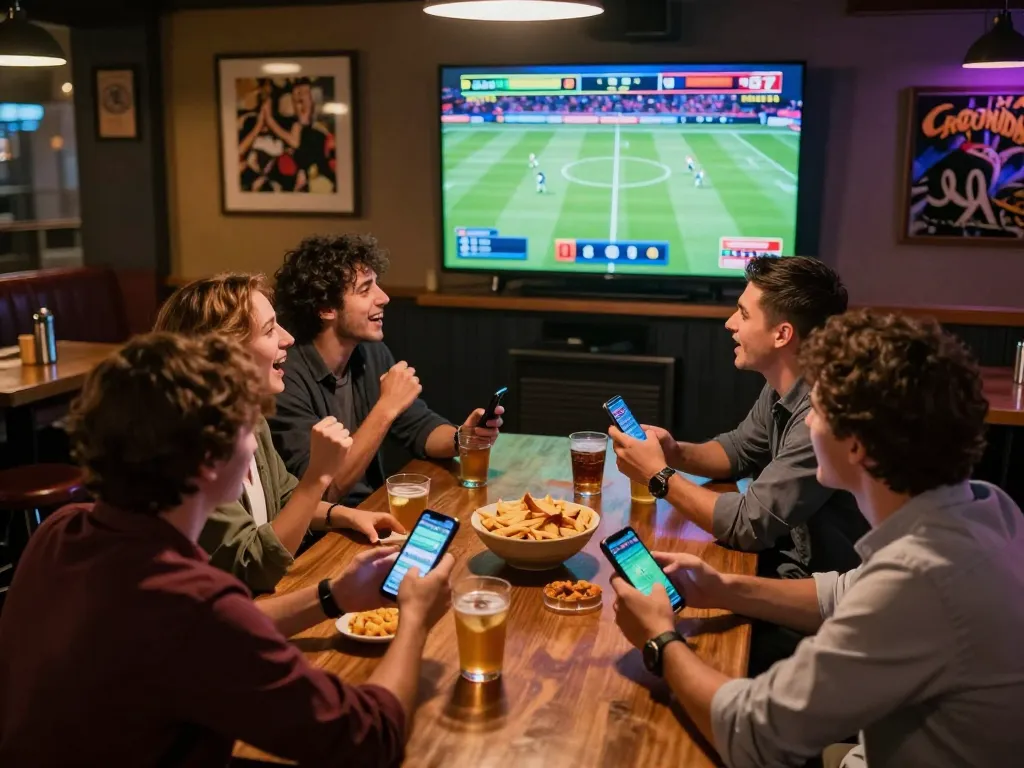 Engaged users placing bets on smartphones while enjoying live sports updates on Bongdalu in a vibrant sports bar.