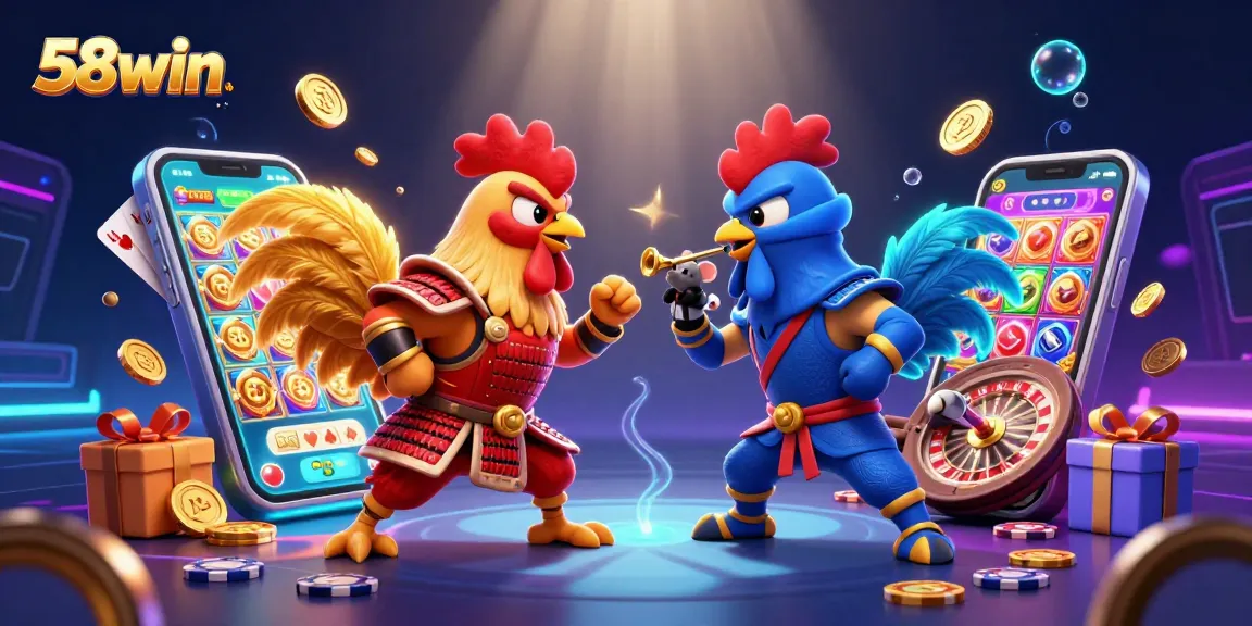 Immerse in the thrilling world of 58win with cartoon roosters battling amidst vibrant casino elements.
