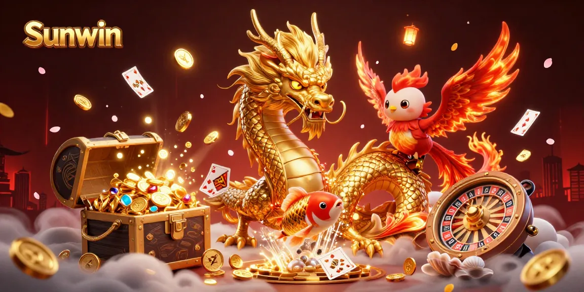 Experience thrilling wins with Sunwin as a golden dragon and phoenix soar above casino riches.