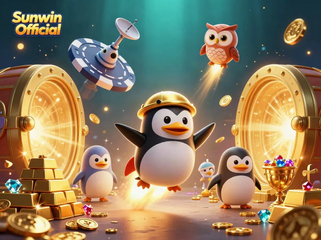 Experience the fun at Sunwin Official casino with a thrilling 3D illustration featuring a golden penguin and treasures.