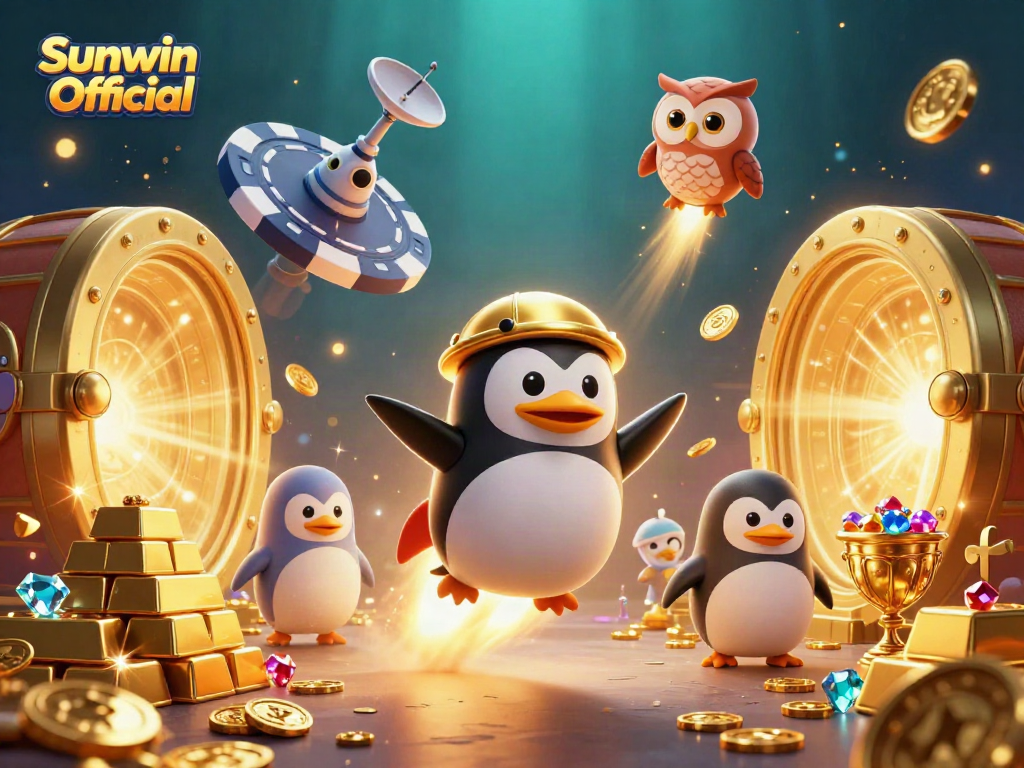 Experience the fun at Sunwin Official casino with a thrilling 3D illustration featuring a golden penguin and treasures.