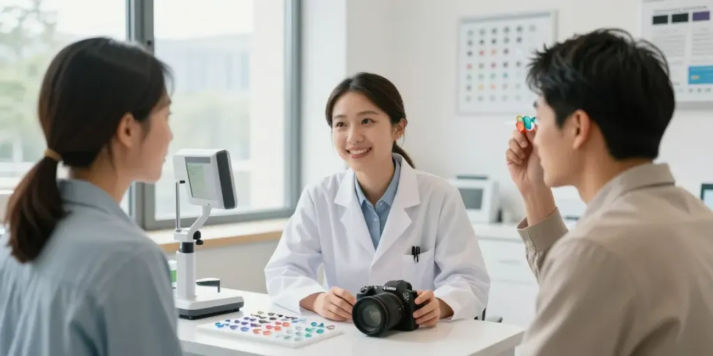 Lentes de contato em consulta com optometrista em clínica moderna.