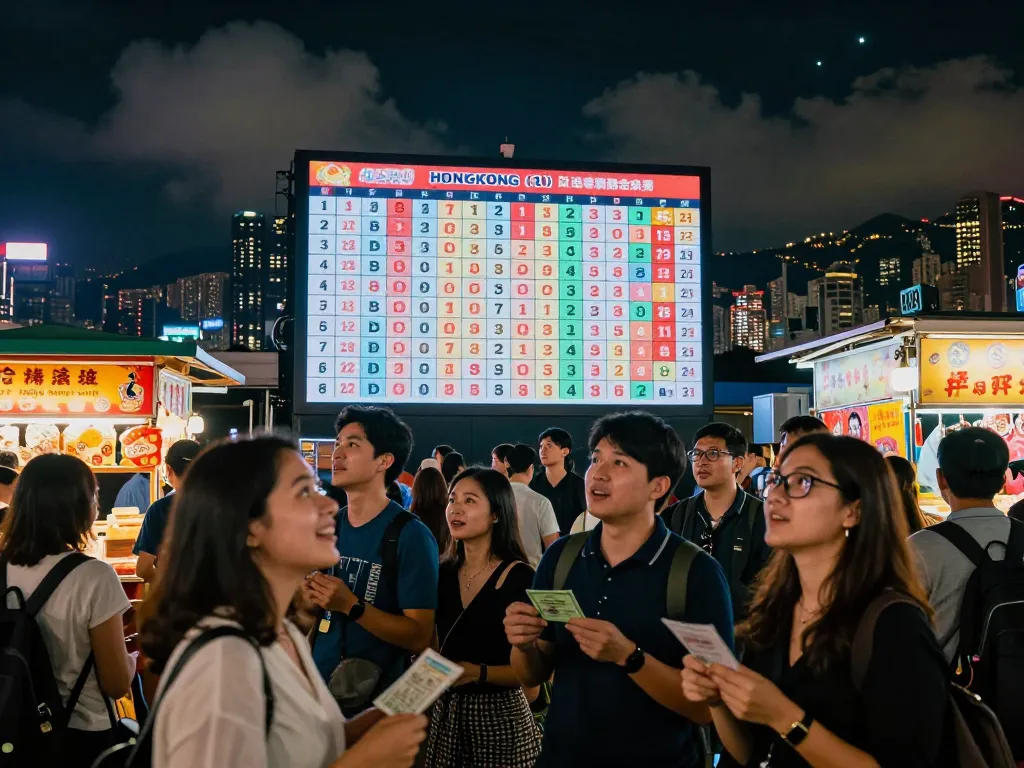 Excited crowd at Hongkong Lotto night draw, showcasing vibrant city energy and hopeful lottery players.