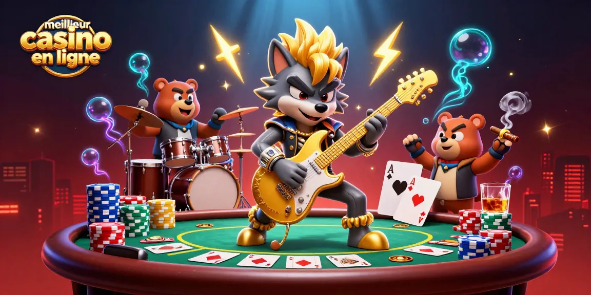 Visualisez le meilleur casino en ligne avec un loup rock star et un ours batteur sur scène.