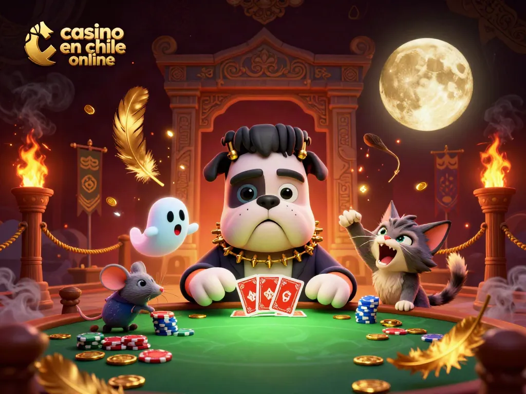 Juega en el casino en línea en Chile mientras disfrutas de una divertida escena de juego con un bulldog y un gatito.