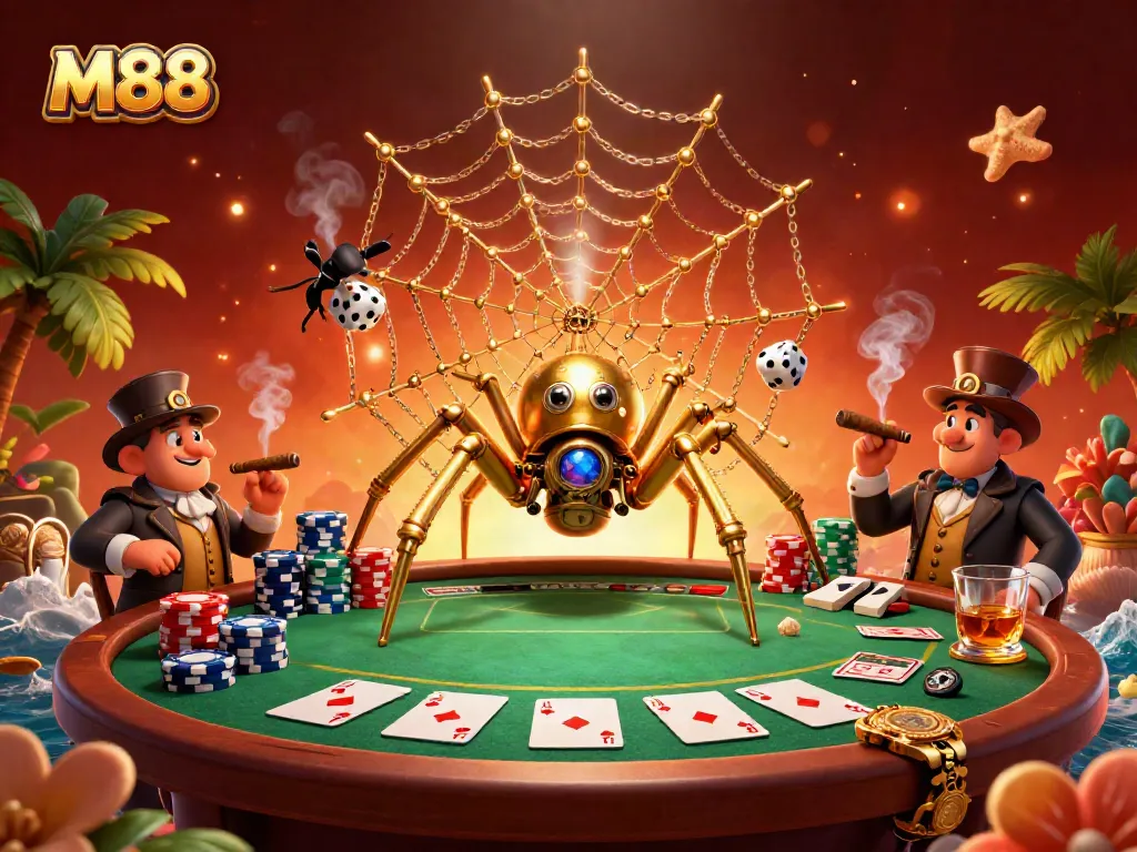 Immerse in the thrilling world of M88 with a dynamic casino illustration showcasing strategic poker play.