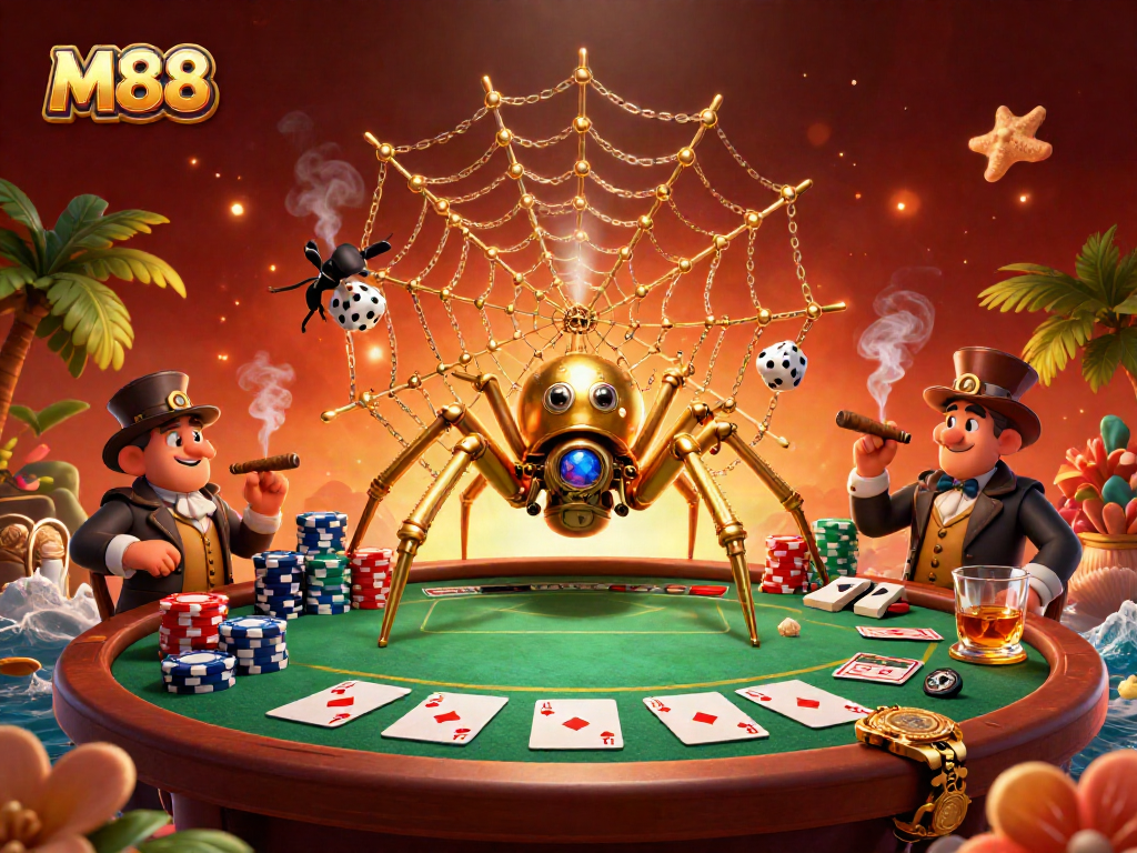 Immerse in the thrilling world of M88 with a dynamic casino illustration showcasing strategic poker play.