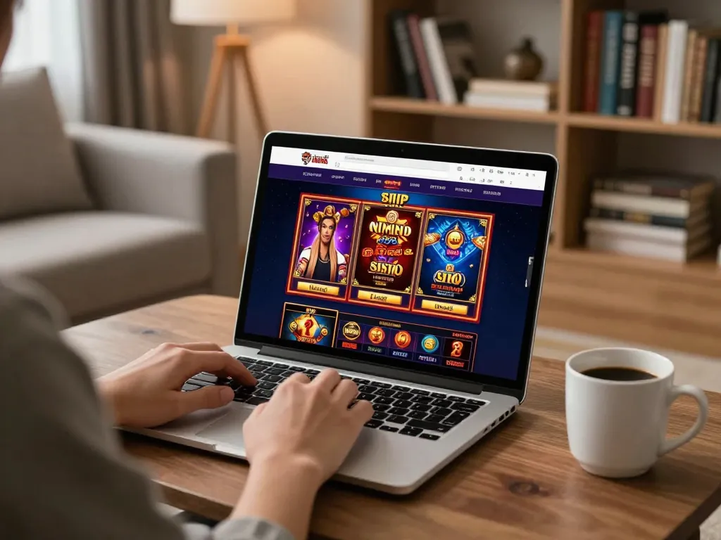 Engaged player exploring 678vip's online casino interface on a cozy home setup.