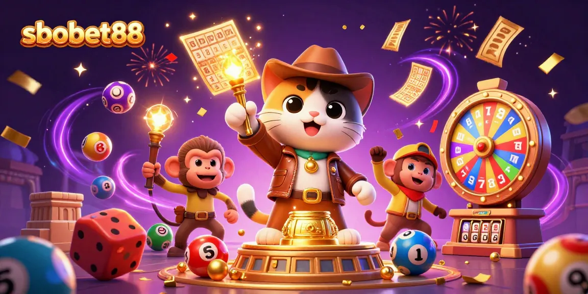 sbobet88 showcases a 3D cat archaeologist exploring a golden casino artifact amidst vibrant lottery elements.