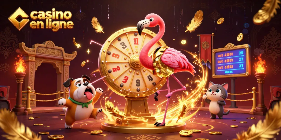 Le jeu de casino en ligne se dévoile avec un animateur en flamant et des prix révélés par un assistant.