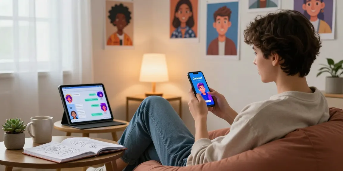 Engaging with Crushon IA character on smartphone in cozy home office.