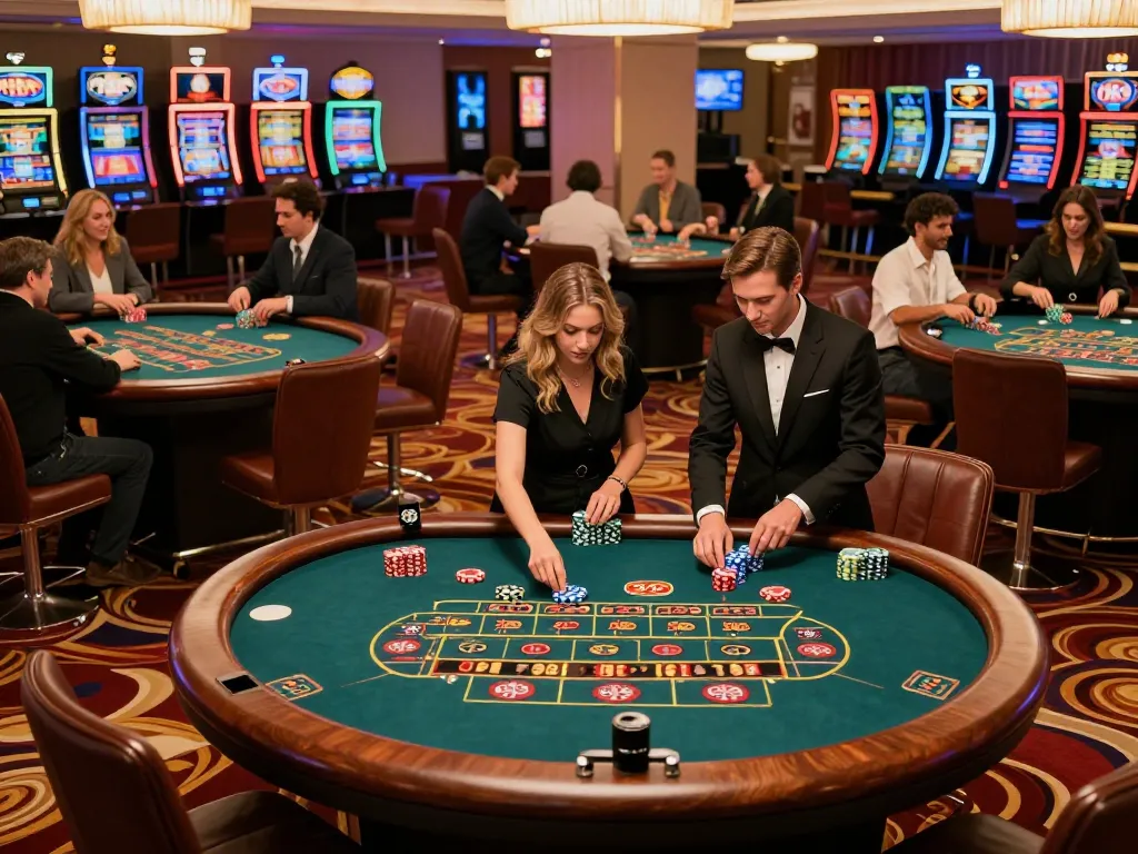 Players enjoying a vibrant casino experience at 888top com, engaging around roulette tables.