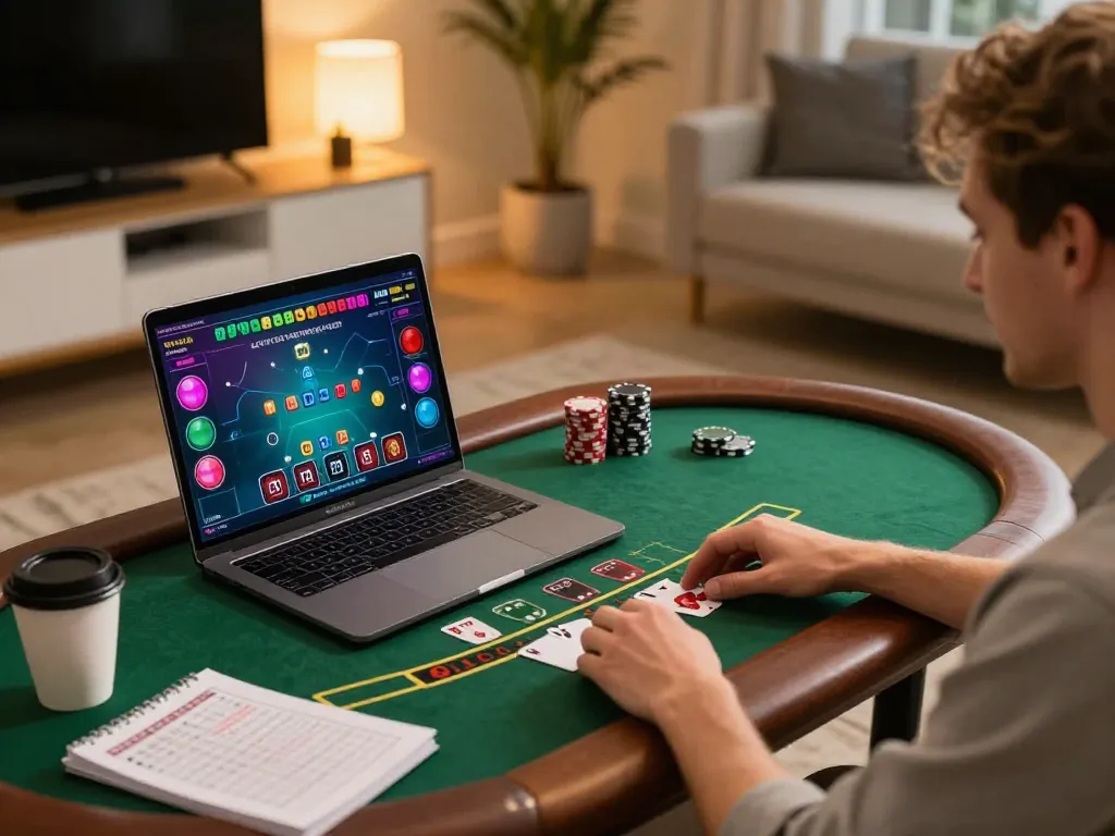 ho88 player enjoying live dealer blackjack in a cozy online gaming setup with warm lighting