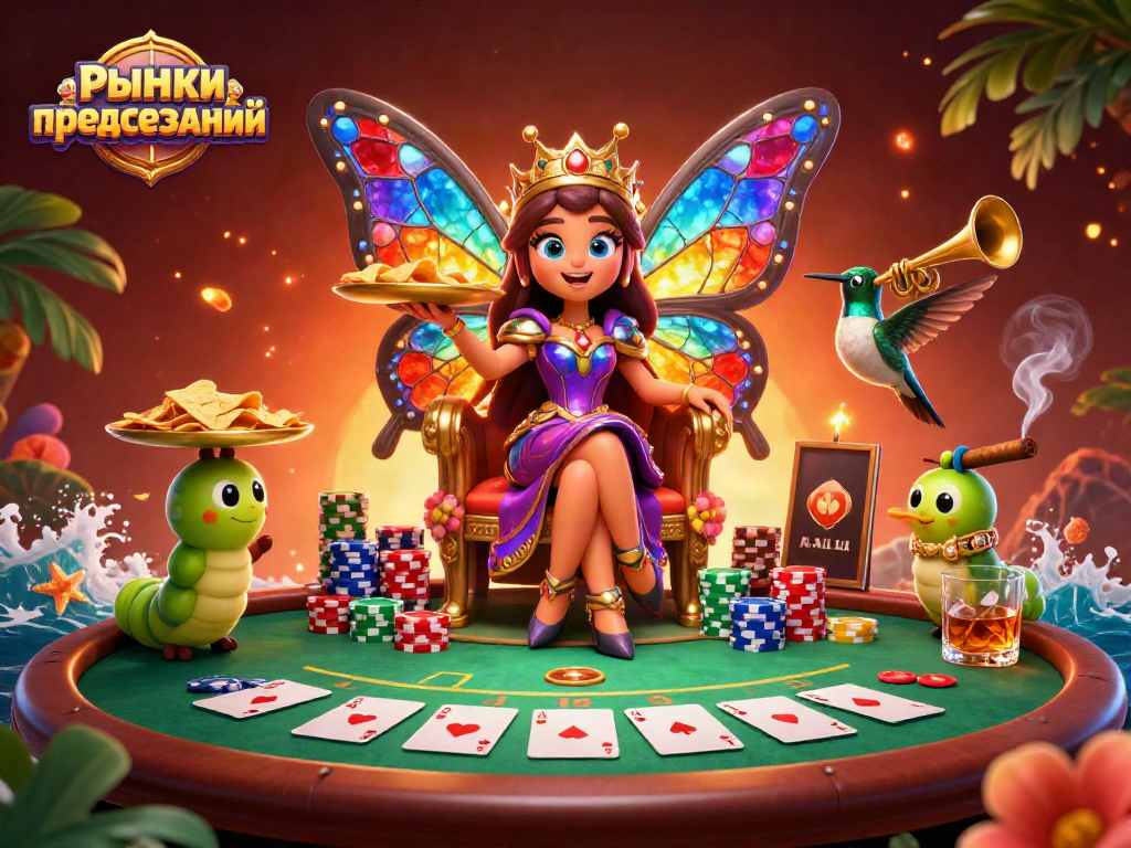 Engage in the vibrant world of рынки предсказаний with this dynamic poker illustration, showcasing a butterfly queen.