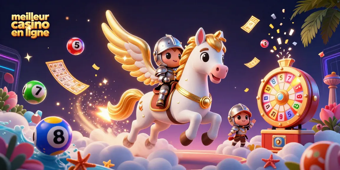 Découvrez le meilleur casino en ligne avec une illustration dynamique d'un cheval céleste et des éléments de jeu captivants.